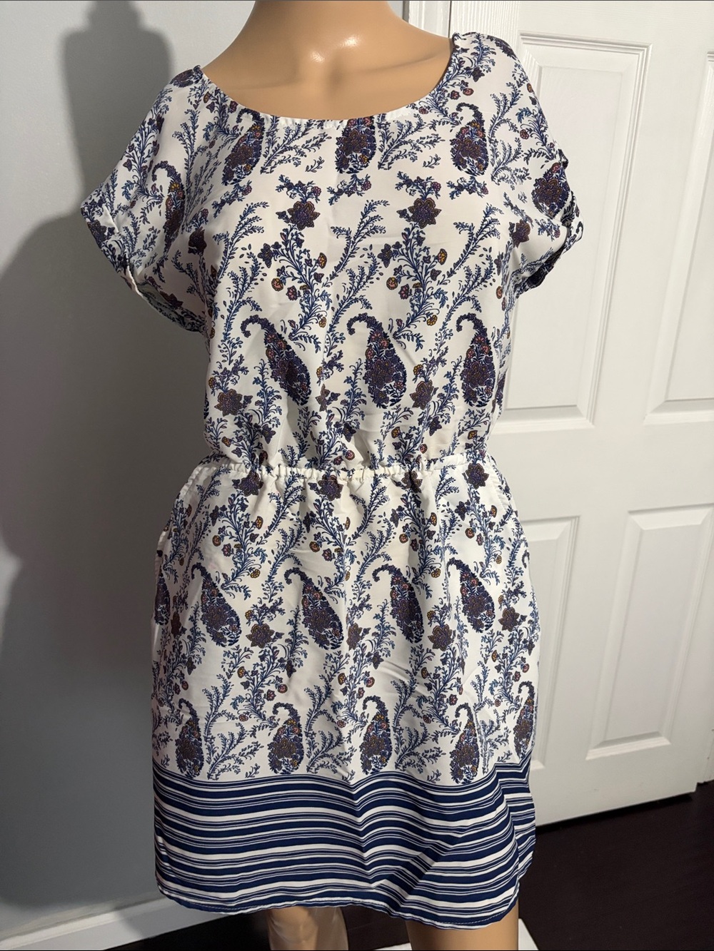 Hippie Rose White Paisley Midi Dress with Navy Accents